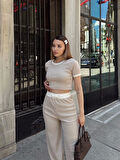 Crop pantolon biyeli takım bej