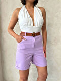Kemerli gabardin şort lila s25735