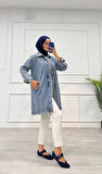 Taşlı tunik ceket kar yıkamalı mavi d2516