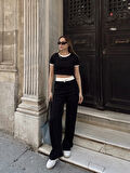 Crop pantolon biyeli takım siyah