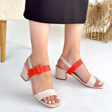 Year Bej Cilt Turuncu Detaylı Topuklu Ayakkabı