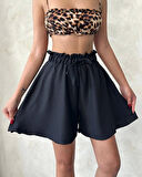 Volanlı keten şort siyah s255058