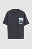 Oversize Antrasit Baskılı %100 Pamuk T-shirt 2EC14ORT05210