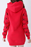 Genç Kız Kırmızı Ayıcıklı Desenli Kapüşonlu Pamuklu Sweatshirt