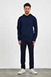 Erkek Comfort Fit Kapüşonlu Düz Sweatshirt Lacivert