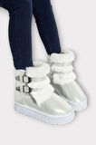 İçi Kürklü Çift Kemerli Kalın Taban Kız Çocuk Bot BEYAZ