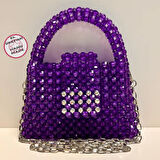 Uretti - Nuran 9092 - El  Yapımı Şeffaf Kristal Boncuk  Abiye Çanta 13cm - Mor / Gümüş