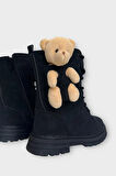 Ayıcıklı Fermuarlı Soğuk Geçirmez Günlük Kız Çocuk Botu SİYAH