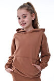Basic Kapüşonlu Şardonlu Kanguru Cep Detaylı Çocuk Sweatshirt 3-10 Yaş Pudra