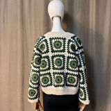 Uretti - Necla 4345 - El Örgüsü Koton İp Yeşil Patchwork İşlemeli Crop Hırka - 36 / 38 / 40
