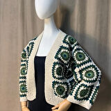 Uretti - Necla 4345 - El Örgüsü Koton İp Yeşil Patchwork İşlemeli Crop Hırka - 36 / 38 / 40