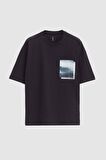 Oversize Siyah Baskılı %100 Pamuk T-shirt 2EC14ORT05210
