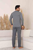 Erkek 3 Düğmeli Çizgili Desen %100 Pamuk Uzun Manşetli Kol Cepli Pijama Takımı 