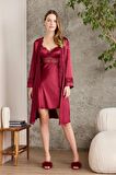 Pierre Cardin 6'lı Saten Gecelik Sabahlık Takım Çeyiz Seti 6010 - Bordo