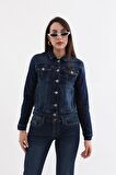 Kadın Koyu Mavi Slim Fit Jean Ceket