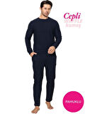 Erkek Bisiklet Yaka Düğmesiz Kışlık Waffle Pamuklu Kumaş Uzun Manşetli Kol Cepli Pijama Takımı 