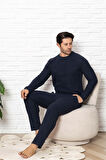 Erkek Bisiklet Yaka Düğmesiz Kışlık Waffle Pamuklu Kumaş Uzun Manşetli Kol Cepli Pijama Takımı 