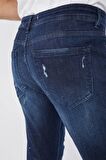 Erkek Skinny Fit Boya Detaylı Jean Koyu Mavi
