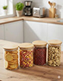 4'lü Bambu Kapaklı Lüks Cam Erzak Saklama Kavanozu Seti | Baharatlık, Bakliyat ve Makarna İçin