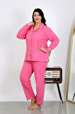 Celira Kadın Büyük Beden Pamuklu Cepli Düğmeli Pembe Pijama Takım