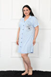 Celira Büyük Beden Penye Düğmeli Mavi Tunik Gecelik