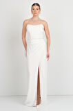 Doridorca Kadın Straplez Beli Korsajlı Balık Form Abiye Elbise 6087 Beyaz