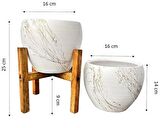 Ev Dekorasyon Beyaz Üzeri Gold Mermer Efektli Toprak Saksı Saksılık Salon Çiçeklik İkili Set Ayaksız - 4 Ayaklı- 15 Cm
