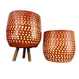 Ev Dekorasyon Aksesuar Beyaz Nokta Desenli Toprak Saksı Saksılık Salon Çiçeklik İkili Set Ayaksız - 4 Ayaklı- 19 CM