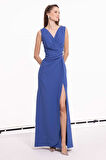 Doridorca Kadın Krep Kumaş Drapeli V Yaka Maxi Abiye Elbise 7057 Indigo