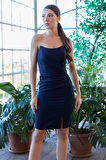Doridorca Kadın Straplez Saten Kumaş Mini Abiye Elbise 7025 Lacivert