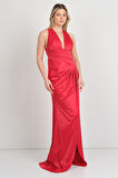 Doridorca Kadın Derin V Yaka Beli Drapeli Maxi Boy Abiye Elbise 7084 Kırmızı