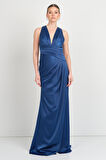 Doridorca Kadın Derin V Yaka Beli Drapeli Maxi Boy Abiye Elbise 7084 K. İndigo