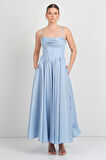 Doridorca Kadın İp Askılı Tafta Kumaş Beli Korsajlı Uzun Abiye Elbise 7088 Bebe Mavisi