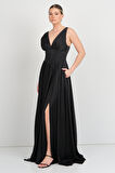Doridorca Kadın Derin V Yaka Sırttan Bağlamalı Maxi Abiye Elbise 7091 Siyah