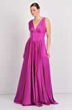 Doridorca Kadın Derin V Yaka Sırttan Bağlamalı Maxi Abiye Elbise 7091 Fuşya