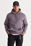Erkek Koyu Gri Standart Fit Içi Polarlı 3 Iplik Kapüşonlu Kanguru Cepli Pamuklu Sweatshirt