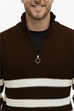 RizzUP Erkek Kahve Yarım Fermuarlı Oversize Kesim Triko Kazak Pamuklu Yumuşak Örgü Çizgili Kazak 2608513
