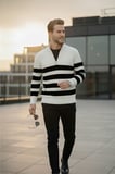 RizzUP Erkek Ekru Yarım Fermuarlı Oversize Kesim Triko Kazak Pamuklu Yumuşak Örgü Çizgili Kazak 2608513