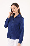 Kadın Hafif Dökümlü Lacivert Saten Gömlek