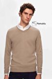 Regular Fit Bej Düz V Yaka Triko Kazak 5HF06ORT12003