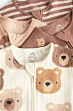 Next Baby % 100 Pamuklu Krem Ayıcık Desenli 4'lü Tulum Set