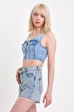 Kadın Önü Düğmeli Cep Detaylı Askılı Denim Crop  Açık Mavi