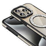 Apple iPhone 15 Pro Max Kılıf Pırlanta Taş Tasarımlı Magsafe Şarj Özellikli Redclick Karetta Silikon Kapak