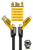 4in1 Süper Hızlı Şarj Kablosu 65W Şarj USB'den Type-C'/Lightning'e Type-C'den Type-C/Lightning Samsung Huawei Xiaomi iPhone ile uyumlu PD65
