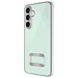 Samsung Galaxy S24 Fe Kılıf Kılıf + 9h Ekran Koruyucu Set Kamera Lens Korumalı Şeffaf Parlak Kenar Logo Açık Omega Kapak Mavi Siyah Gold Renk Parlak Kenarlı