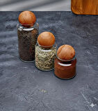 3'lü Lüks Ahşap Top Kapaklı Cam Saklama Kavanozu Seti | Çay Kahve Baharatlık Erzak Kabı