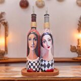 El Yapımı Ekoseli Kadın 750 ml Zeytinyağı Sıvıyağ Şişesi Yağdanlık Yağlık Sirkelik Sosluk 2'li Set