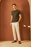 Erkek Bisiklet Yaka Slim Fit Basic Tişört Haki