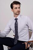 Gömlek Kravat Seti (Lacivert Şal Desenli Kravat & Beyaz Armür Slimfit Gömlek)