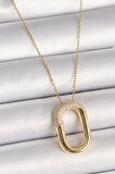 316L Çelik Gold Renk Zirkon Taşlı Oval Model Kadın Kolye